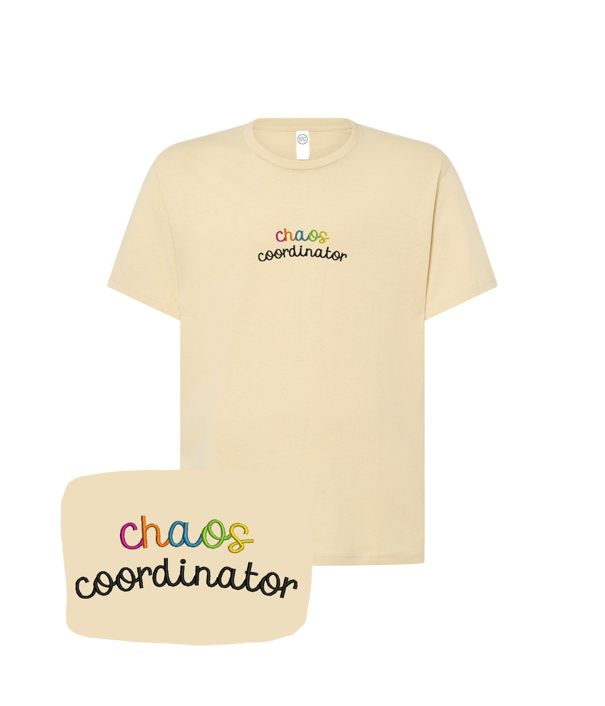 Beige CustomClothes.pl Chaos Coordinator embroidered T-shirt, featuring stylish stitched text on the front.