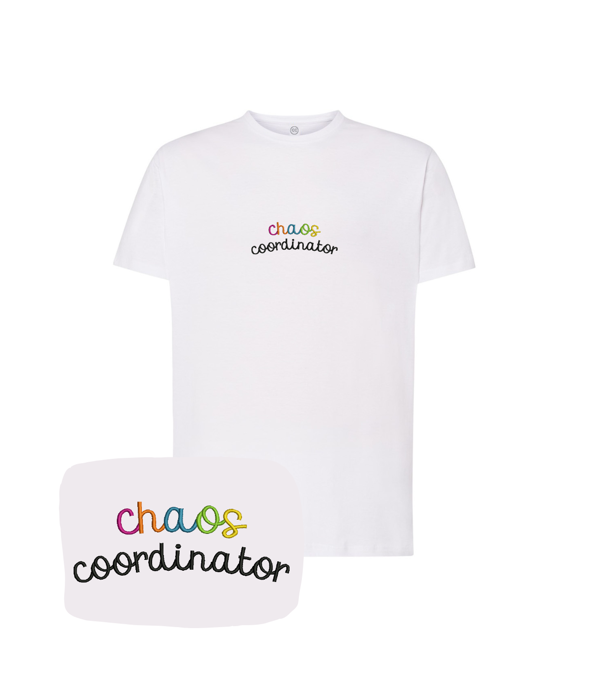 White "Chaos Coordinator" embroidered T-shirt by CustomClothes.pl, featuring a stylish embroidered design on the front.