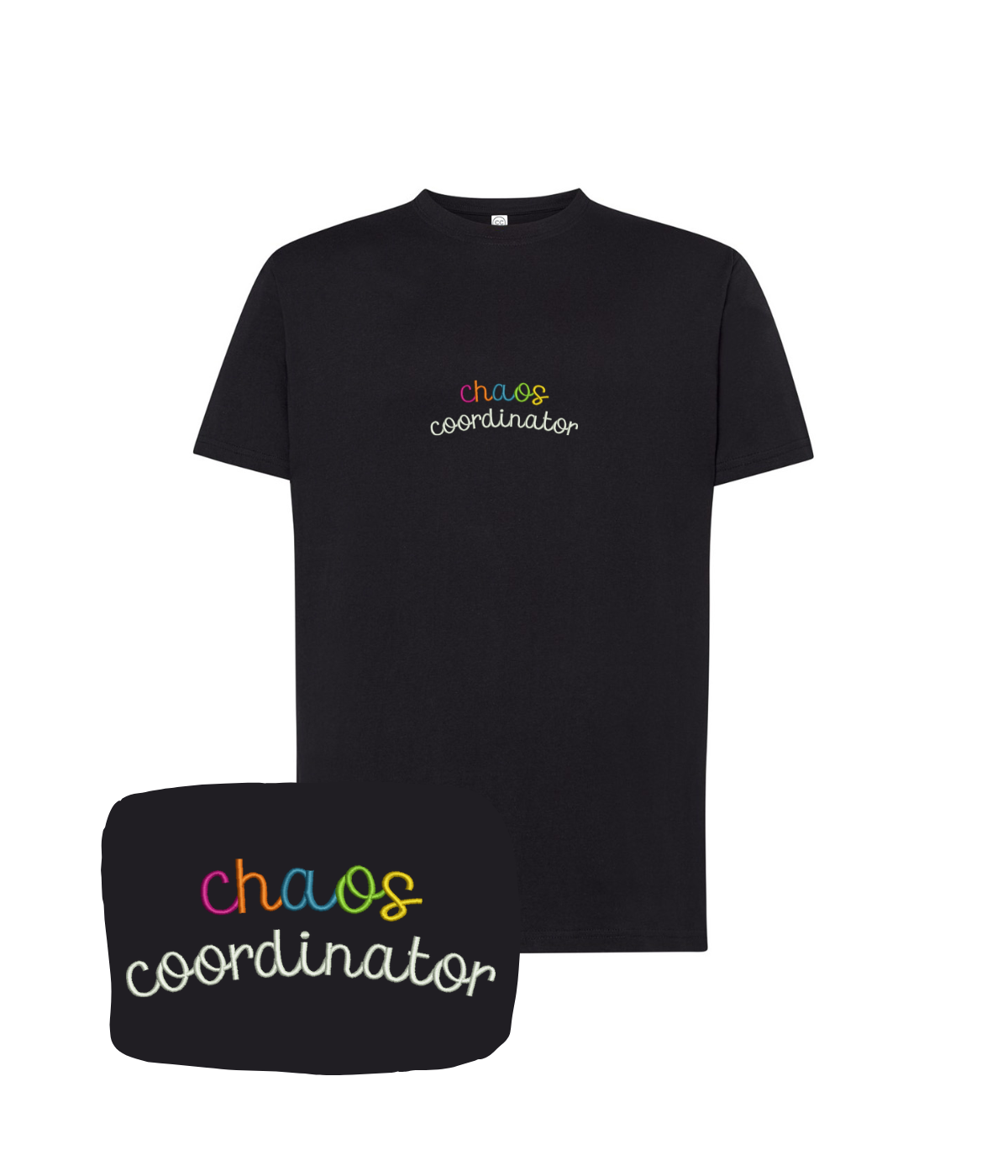 Black "Chaos Coordinator" embroidered T-shirt from CustomClothes.pl, featuring detailed embroidery and casual fit.