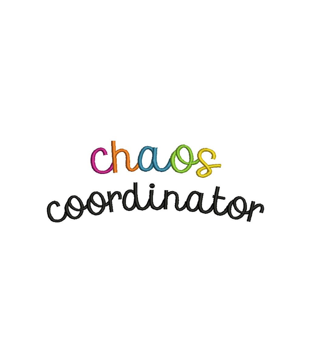 Black CustomClothes.pl t-shirt with embroidered "Chaos Coordinator" design, featuring a comfortable fit and detailed embroidery.