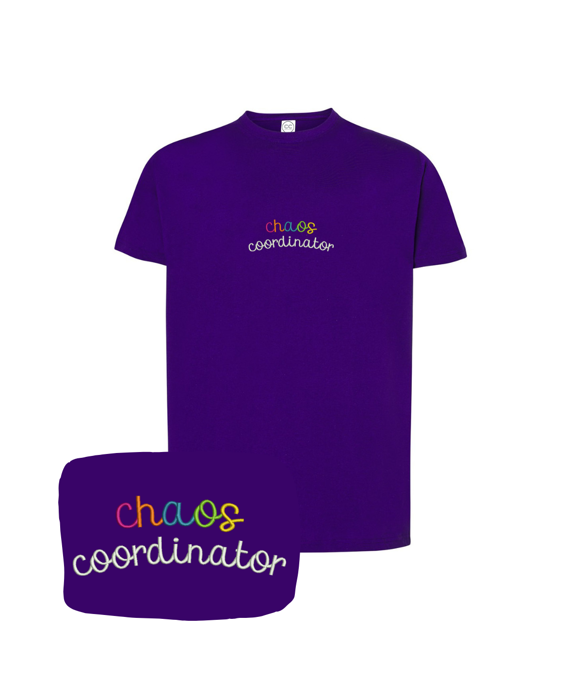 Purple "Chaos Coordinator" embroidered T-shirt by CustomClothes.pl, featuring detailed embroidery on the front.