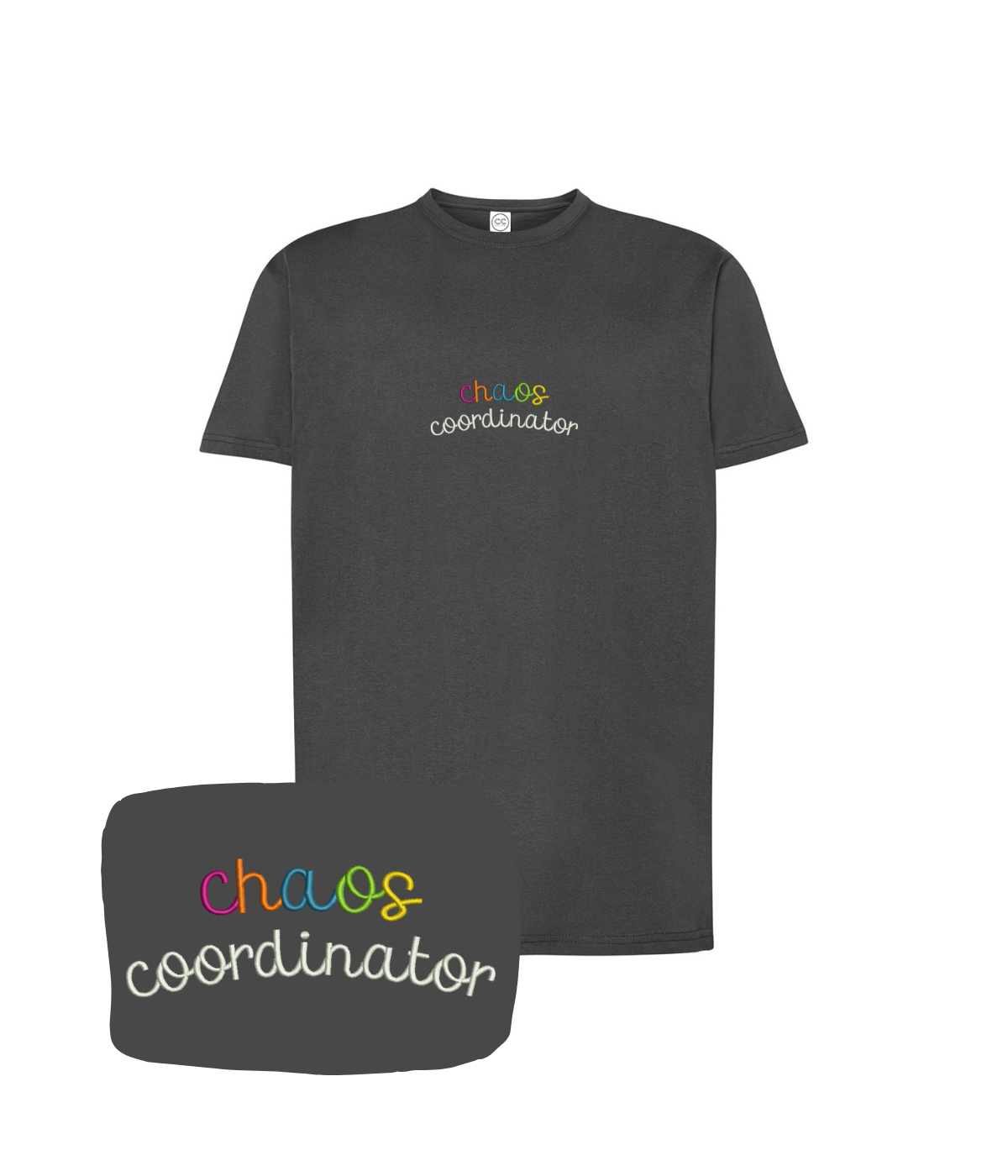 Grafitowa koszulka z haftem "Chaos Coordinator" od CustomClothes.pl, casual t-shirt z unikalnym designem.
