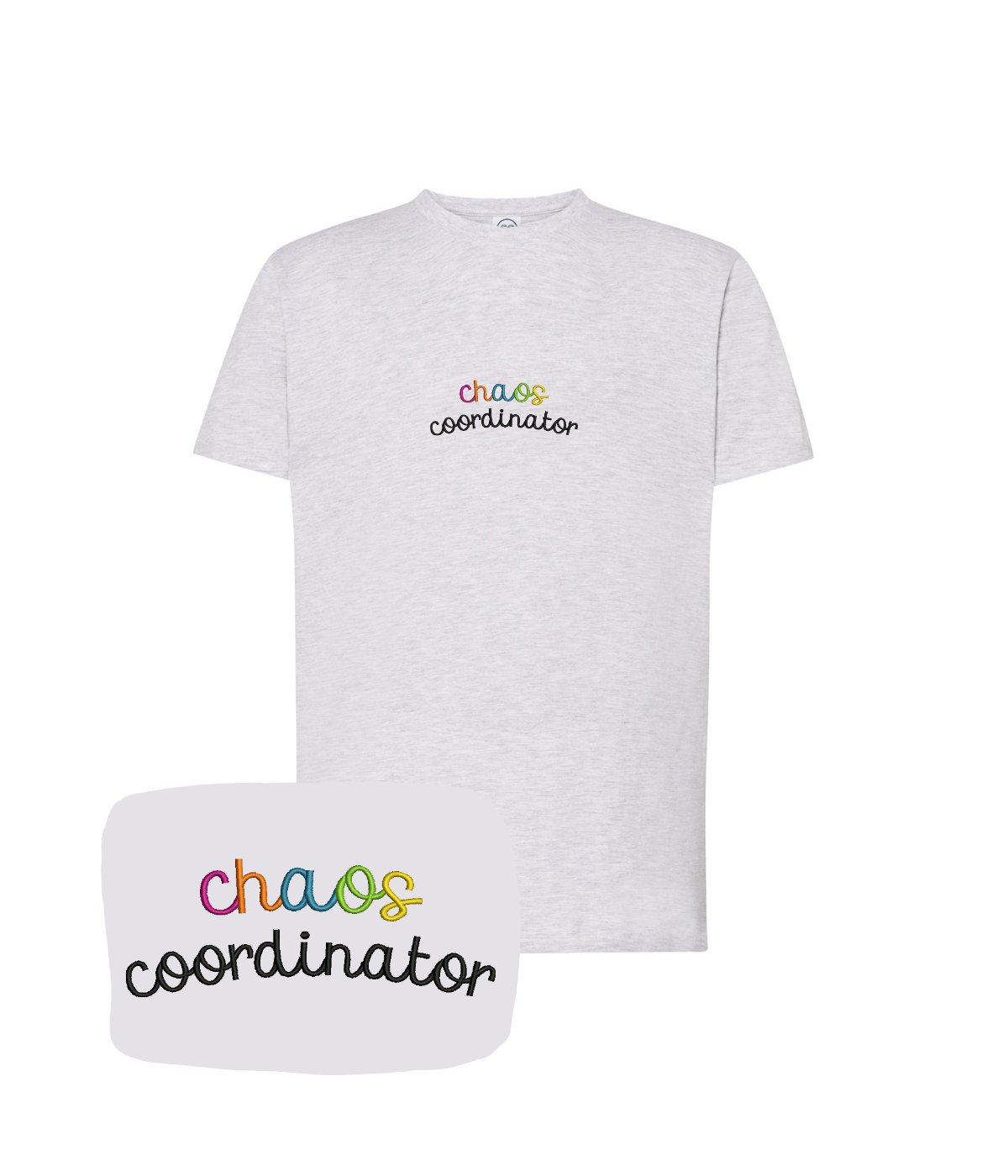 Light gray "Chaos Coordinator" embroidered T-shirt by CustomClothes.pl, featuring detailed stitching and casual fit.