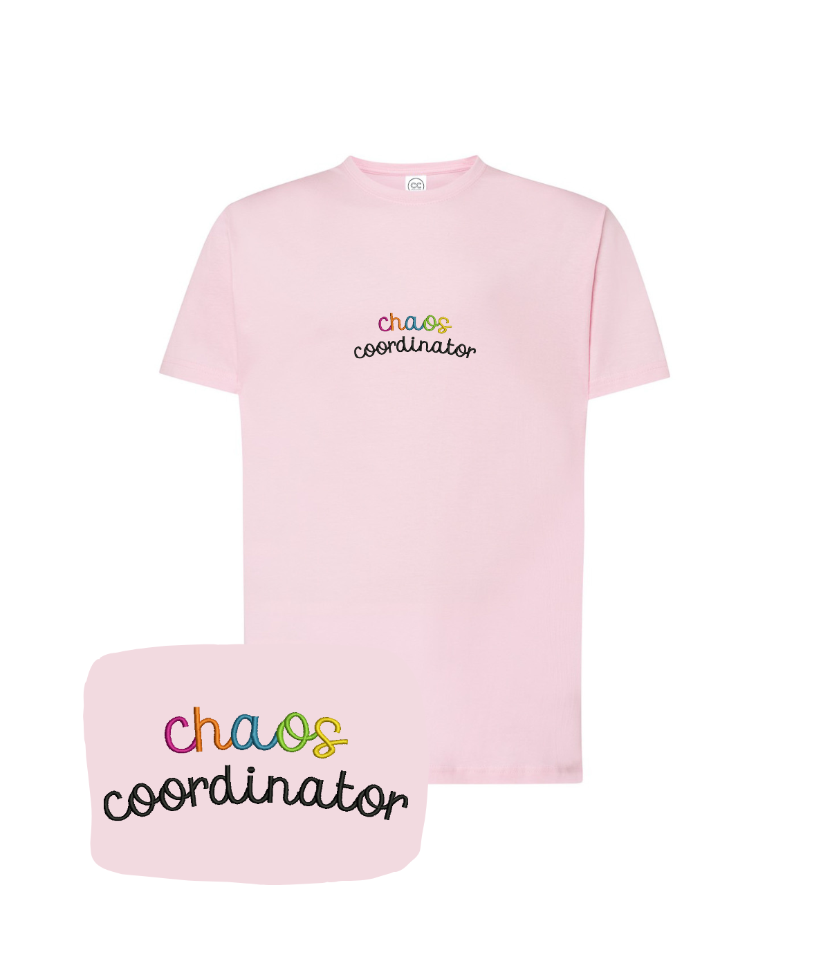 Pink "Chaos Coordinator" embroidered t-shirt by CustomClothes.pl, featuring detailed needlework and casual fit.