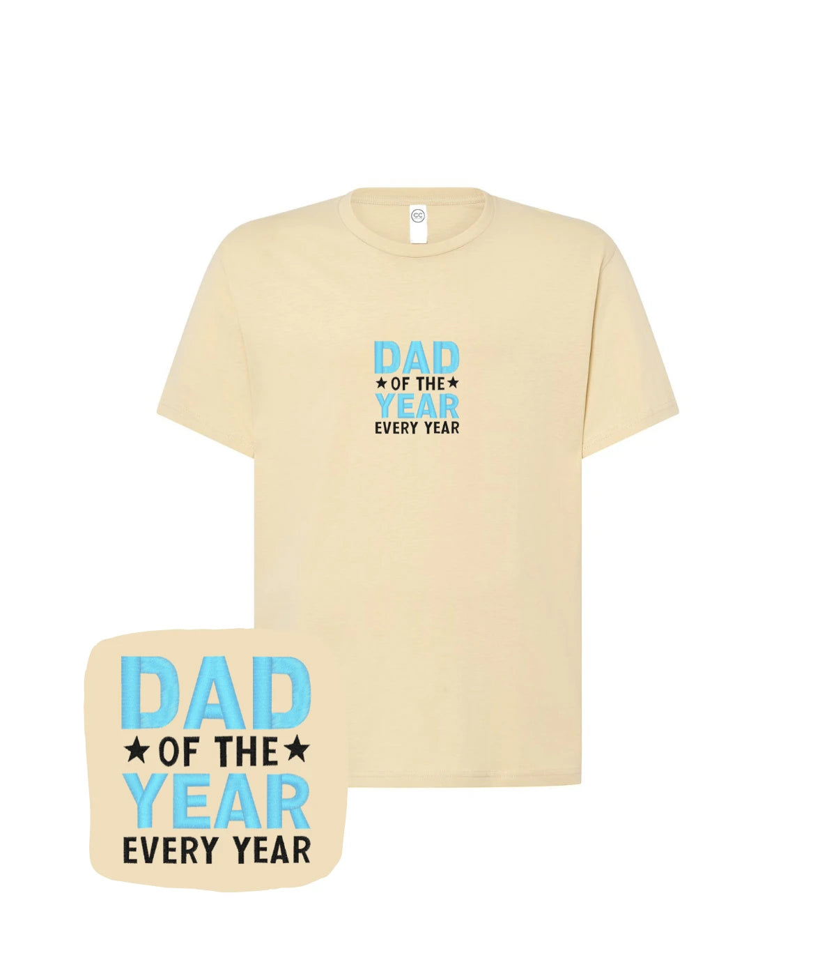 Beżowa koszulka z haftem 'Dad of the Year Every Year' - stylowy prezent na specjalną okazję z haftem komputerowym