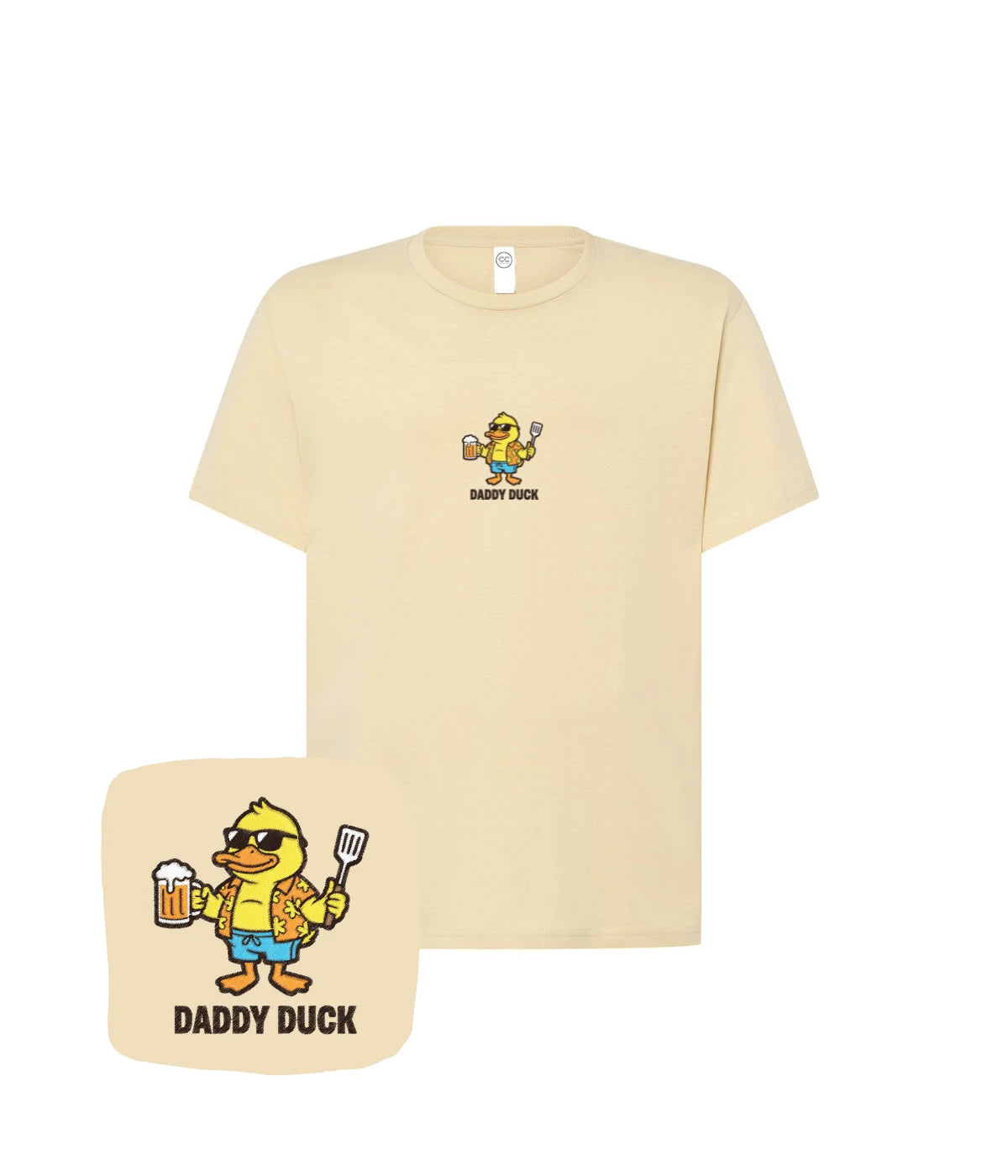 Beżowa koszulka z haftem Daddy Duck - doskonała dla fana grillowania, haft komputerowy
