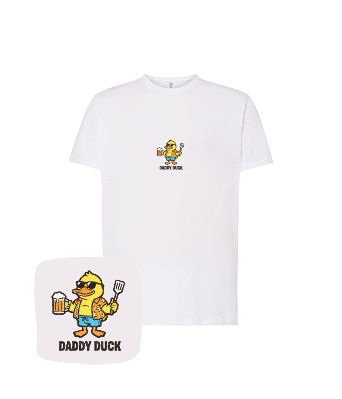 Biała koszulka z haftem Daddy Duck - znakomita na prezent z humorem dla luzaka, haft komputerowy