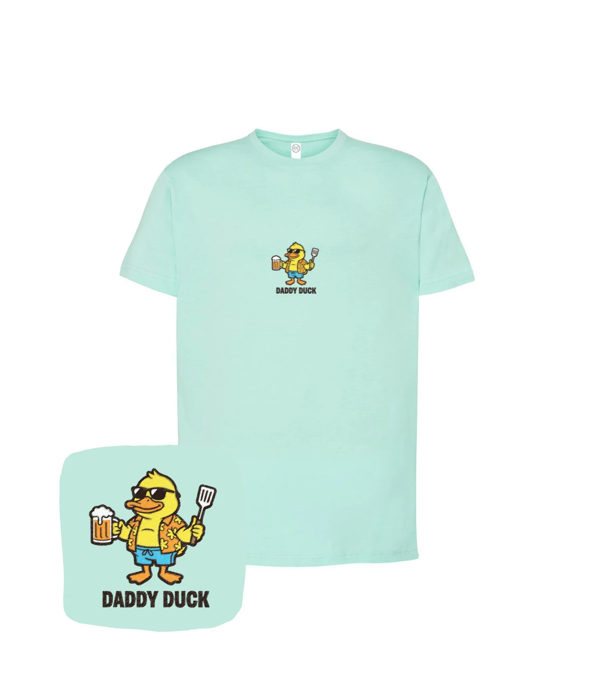 Miętowa koszulka z haftem Daddy Duck - świetna do grillowania z haftem komputerowym