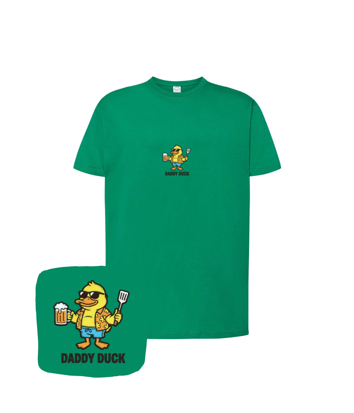 Zielona koszulka z haftem Daddy Duck - śmieszny prezent dla hejtera piwa z haftem komputerowym