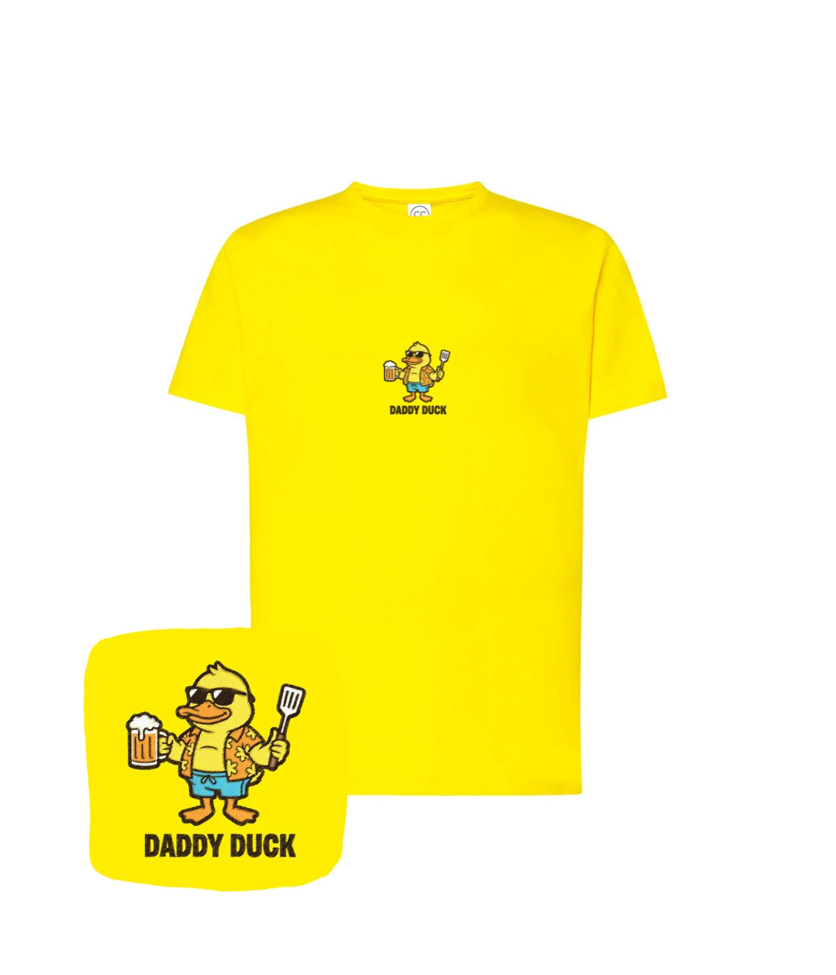 Żółta koszulka z haftem Daddy Duck - idealna dla luzaka i prezent z haftem komputerowym na każdą okazję