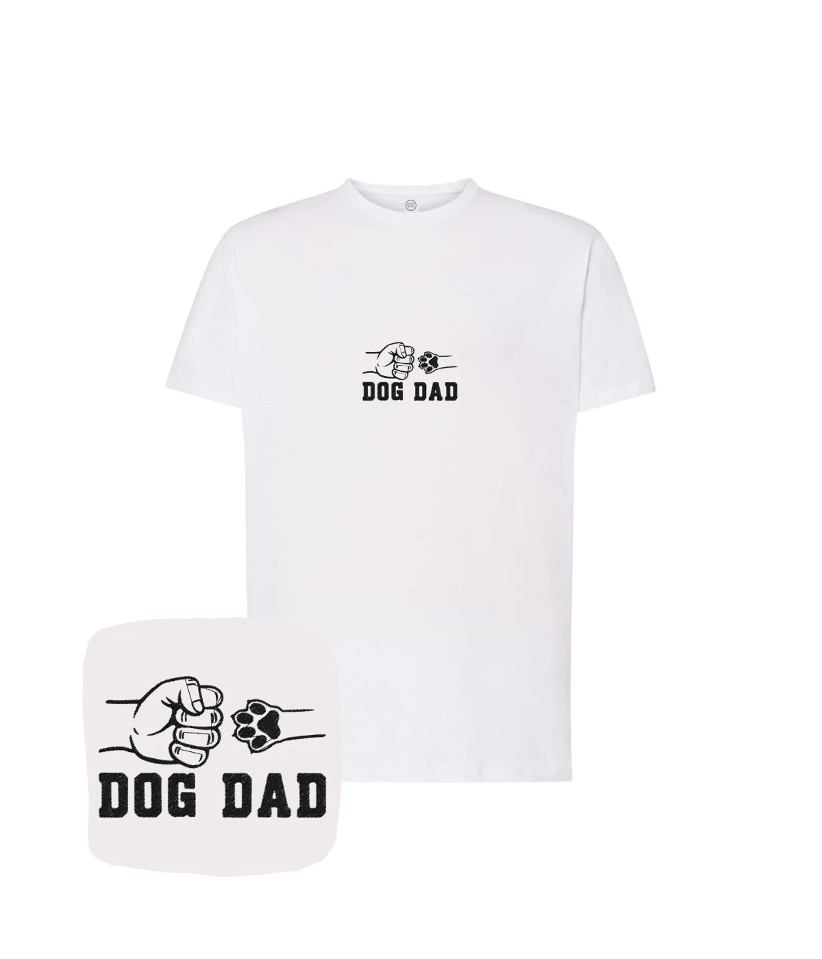 Biała koszulka z haftem dog dad przedstawiająca pięść i psią łapę - wyjątkowy prezent dla posiadacza psa.