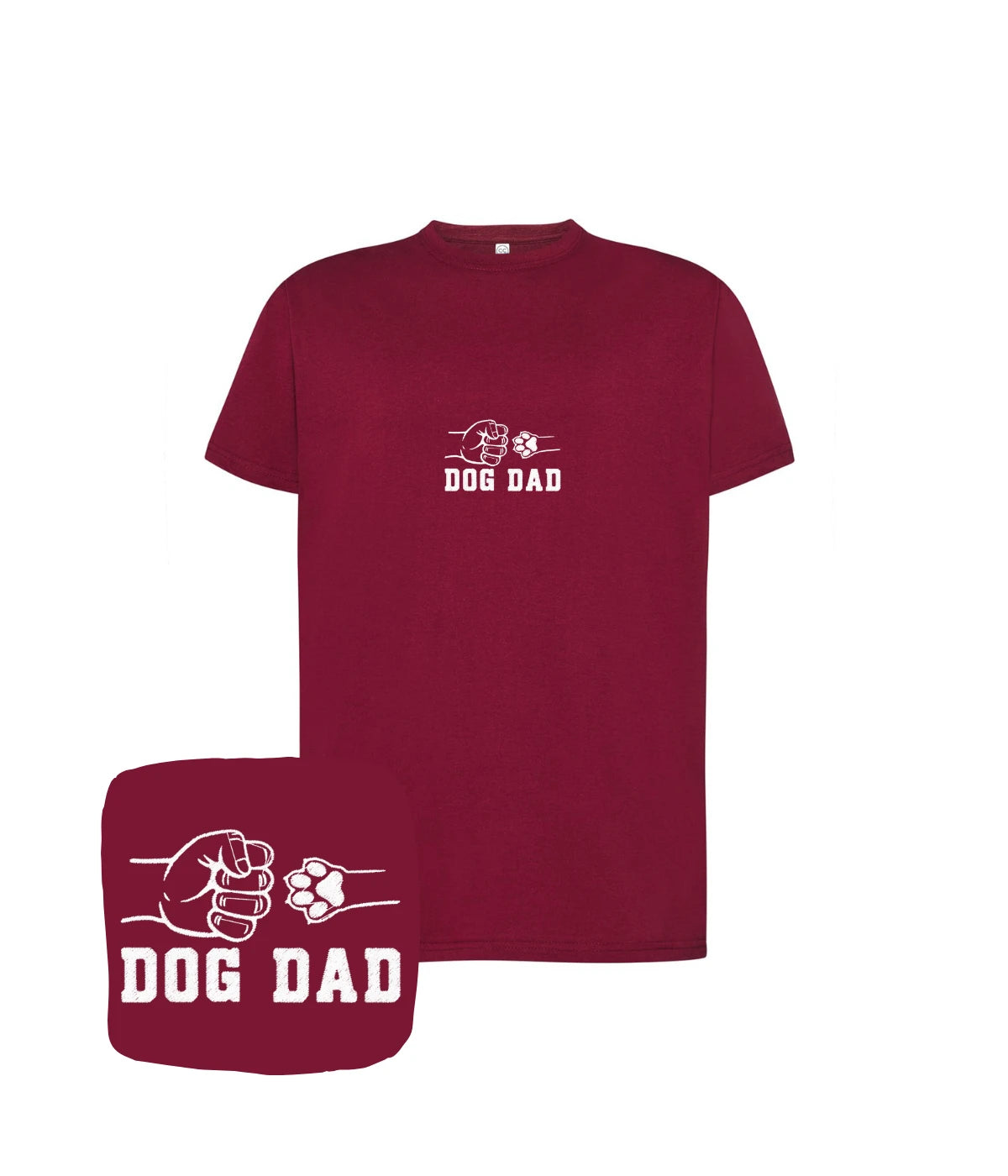 Bordowa koszulka z haftem dog dad z pięścią i psią łapą - idealny prezent z haftem dla posiadacza psa.