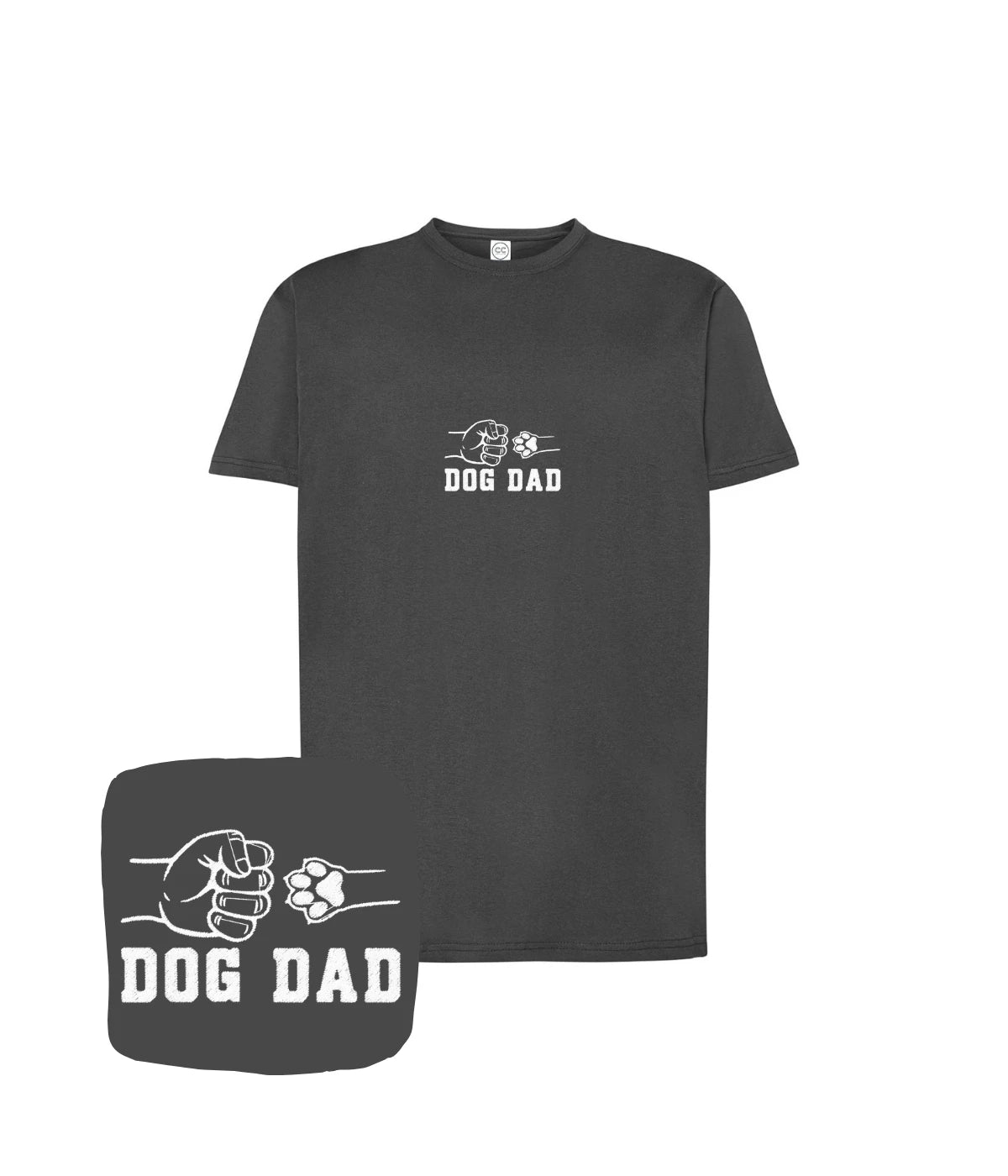 Ciemnoszara koszulka z haftem dog dad z motywem pięści i psiej łapy - prezent dla posiadacza psa.