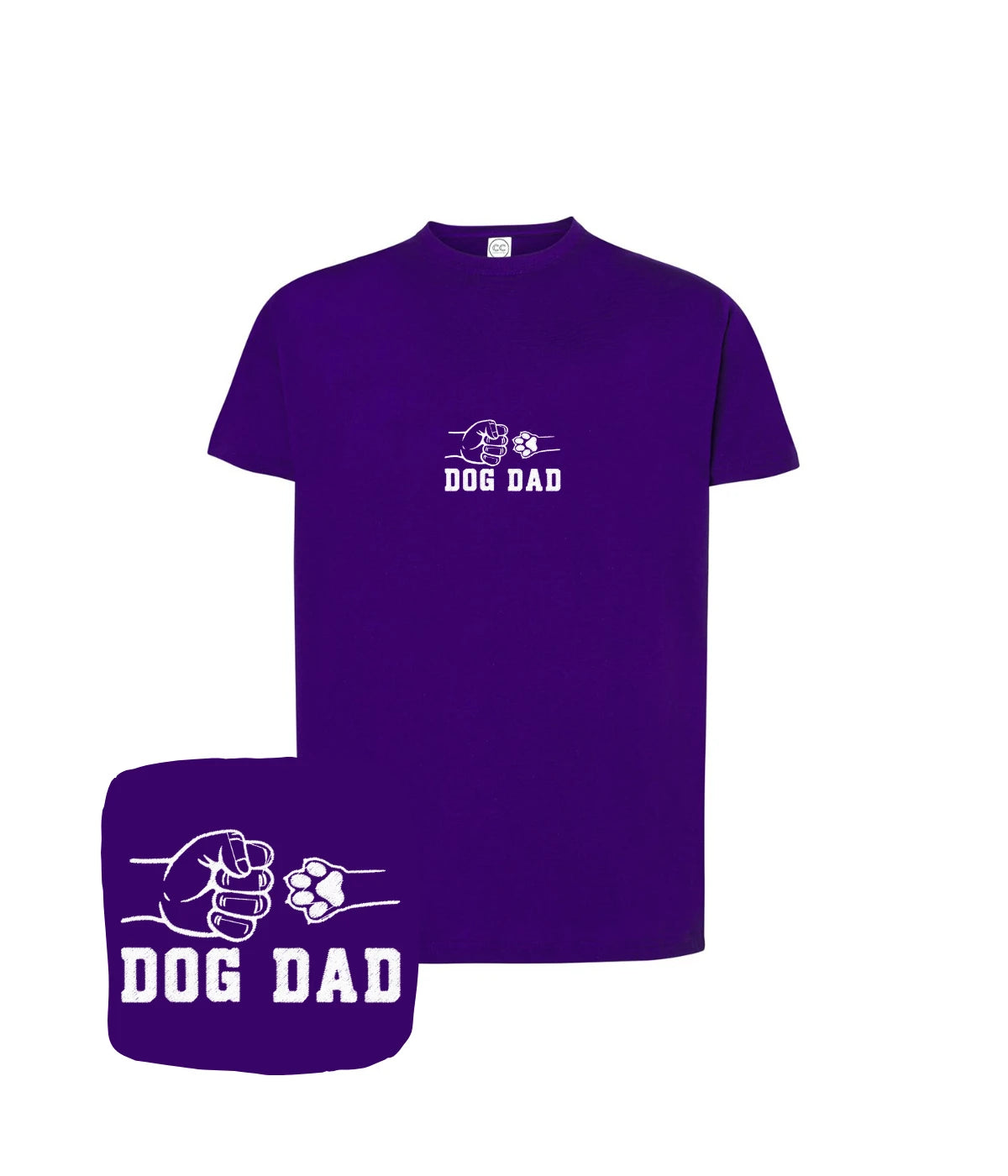 Fioletowa koszulka z haftem dog dad z pięścią i psią łapą - świetny prezent dla właściciela psa.