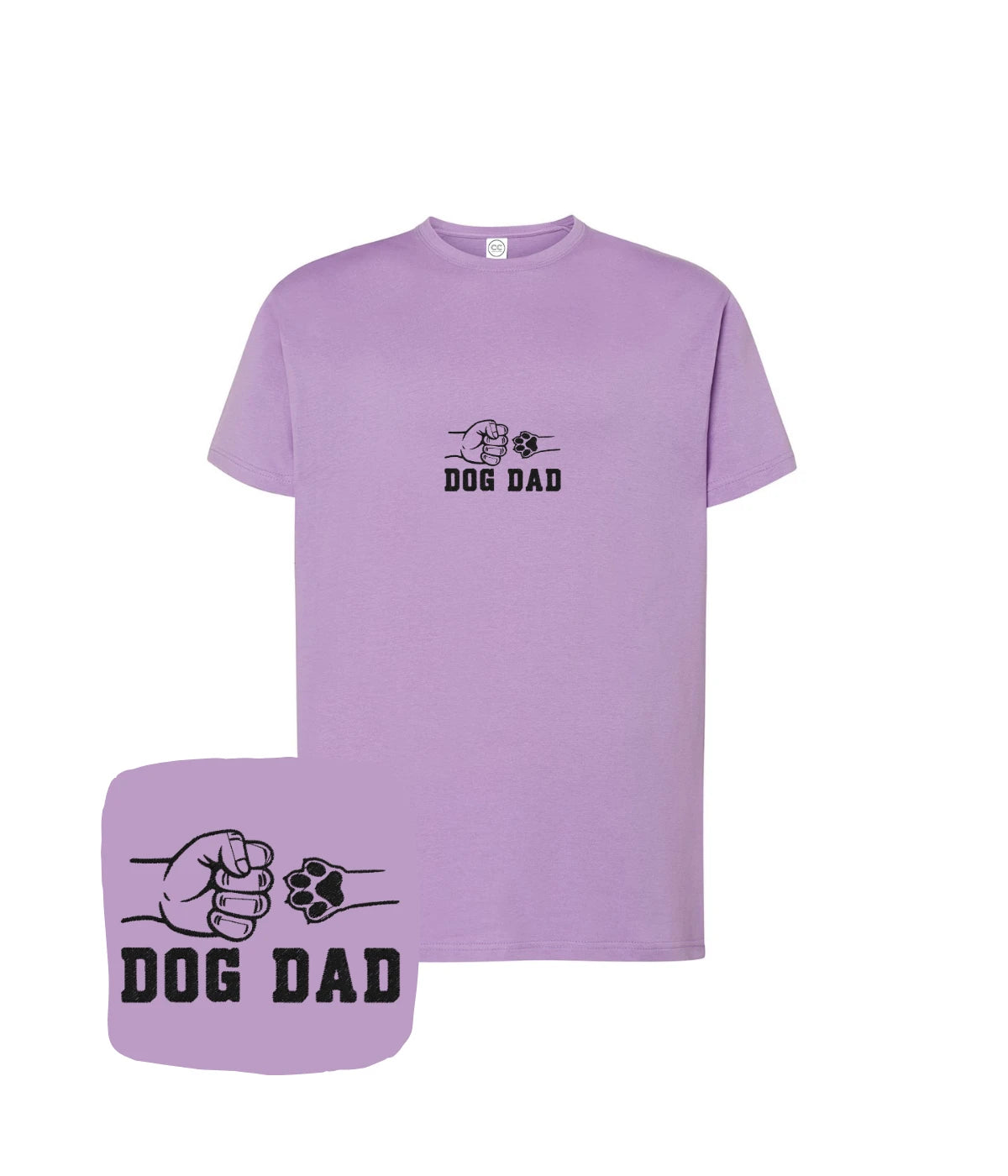 Jasnofioletowa koszulka z haftem dog dad z pięścią i psią łapą - prezent dla posiadacza psa.