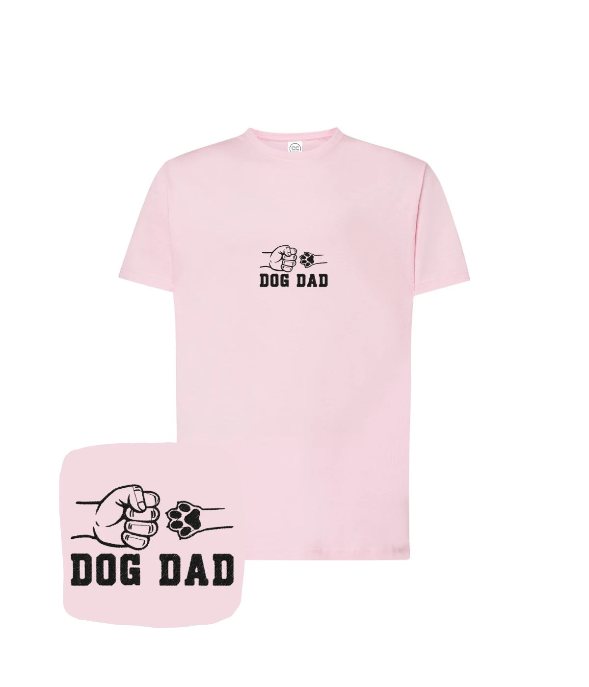 Jasnoróżowa koszulka z haftem dog dad z pięścią i psią łapą - oryginalny prezent z haftem komputerowym.