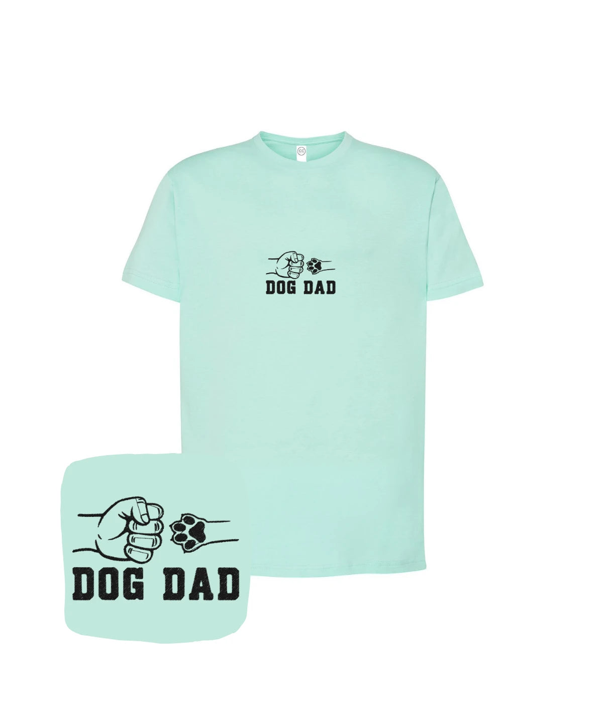 Miętowa koszulka z haftem dog dad z pięścią i psią łapą - prezent dla miłośnika psów z haftem komputerowym.