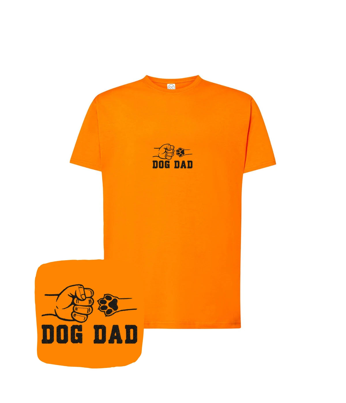 Pomarańczowa koszulka z haftem dog dad z pięścią i psią łapą - prezent dla miłośnika psów z haftem.