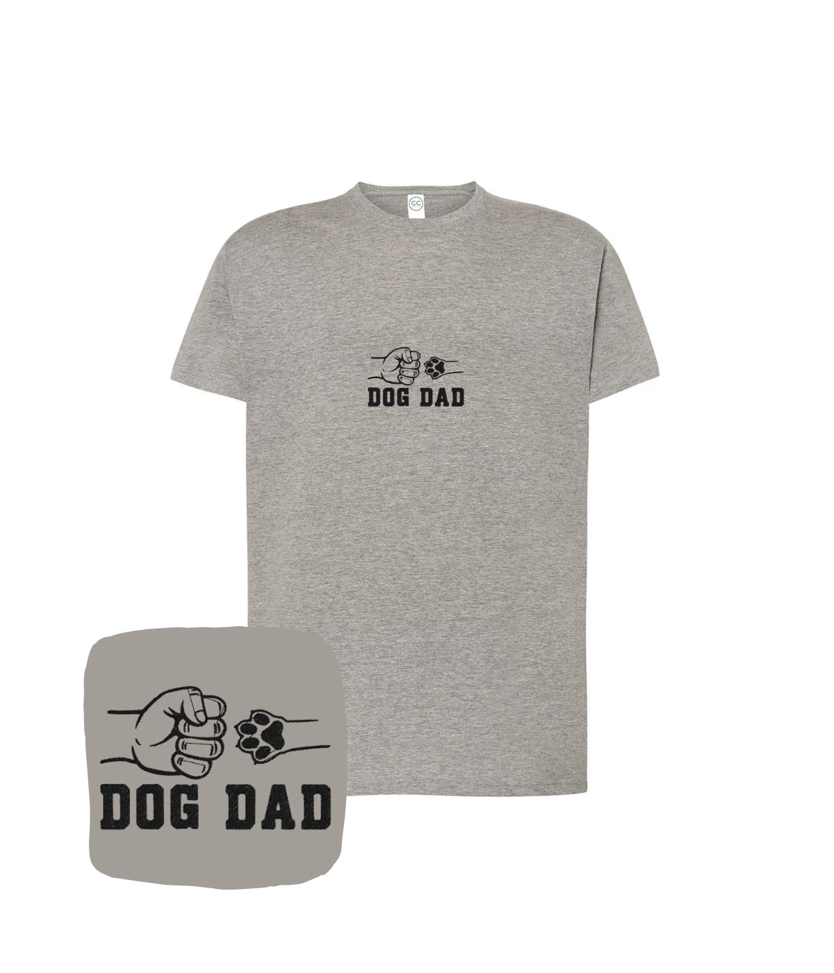 Jasnoszara koszulka z haftem dog dad z pięścią i psią łapą - prezent dla miłośnika psów.