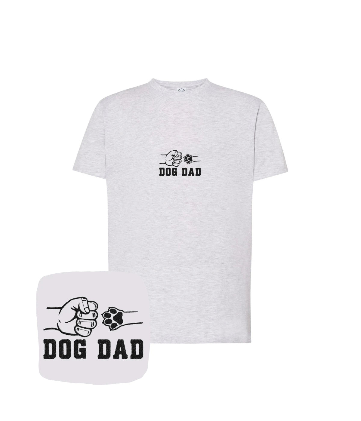 Szara koszulka z haftem dog dad z pięścią i psią łapą - idealny prezent z haftem dla miłośnika psów.