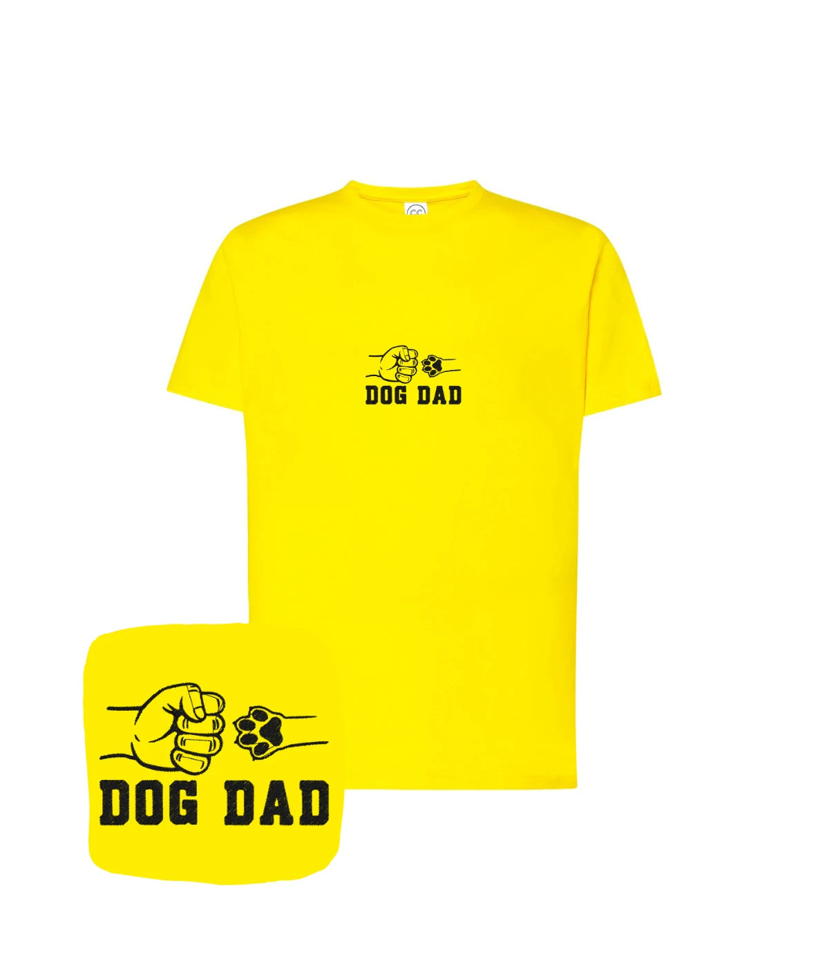 Żółta koszulka z haftem dog dad z motywem pięści i psiej łapy - idealna na prezent dla właściciela psa.