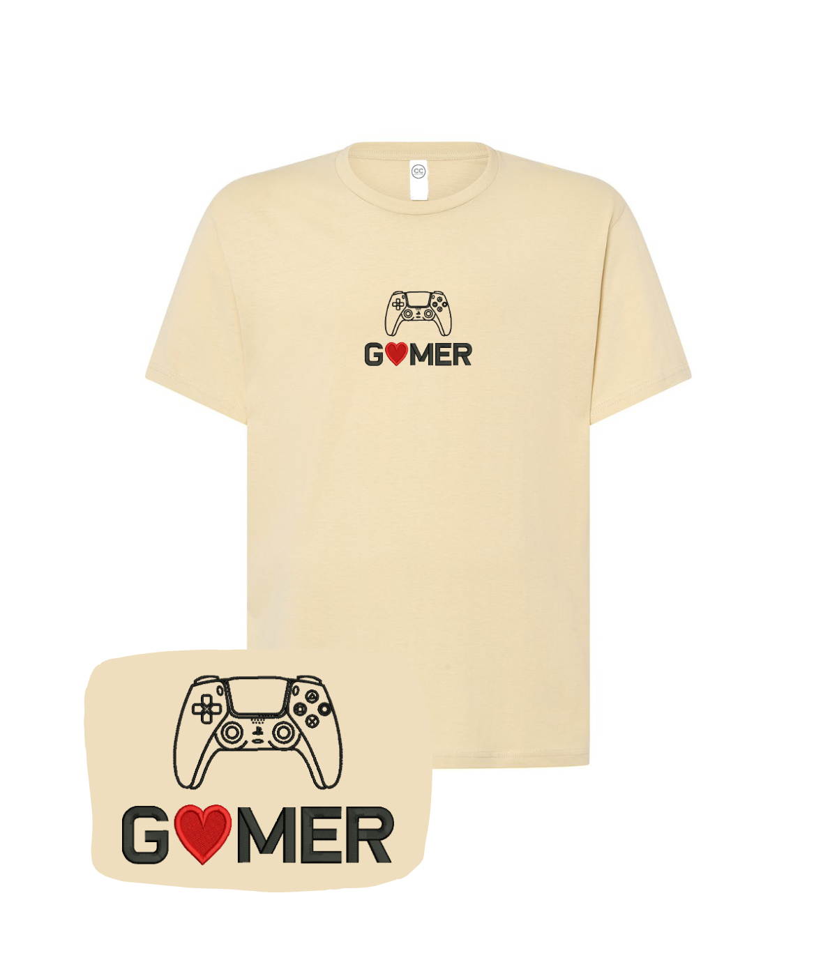 Beige custom T-shirt with "Gamer" embroidery and controller graphic, casual wear from CustomClothes.pl