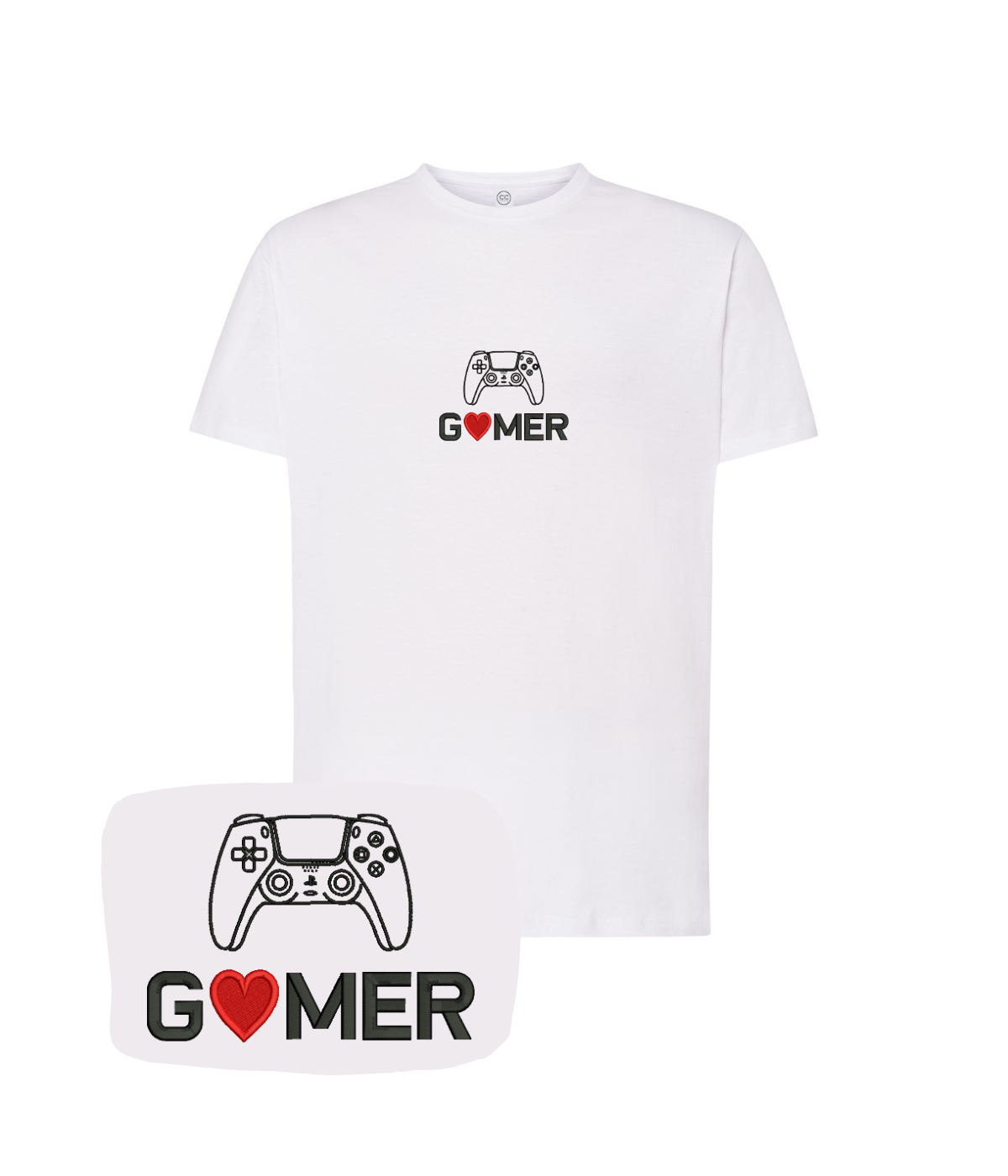 White Gamer T-shirt with embroidered controller design from CustomClothes.pl, casual fit for gaming enthusiasts.