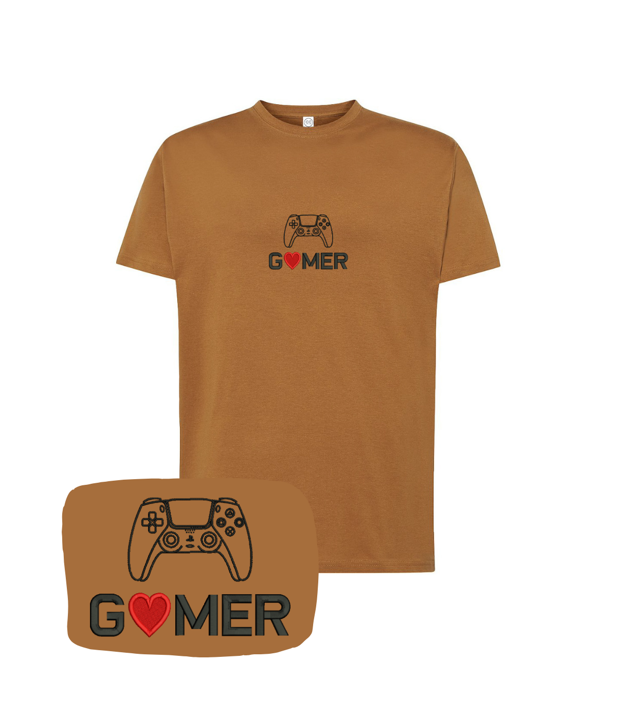 Brown "Gamer" embroidered t-shirt by CustomClothes.pl featuring a game controller design on the front.