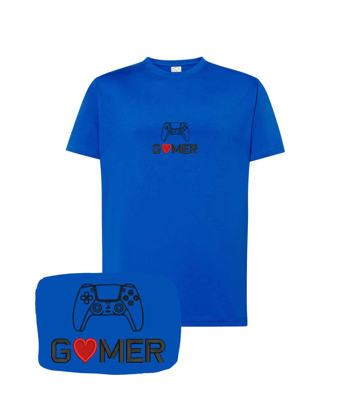 Dark blue "Gamer" embroidery T-shirt with controller design from CustomClothes.pl, featuring a casual fit and detailed stitching.