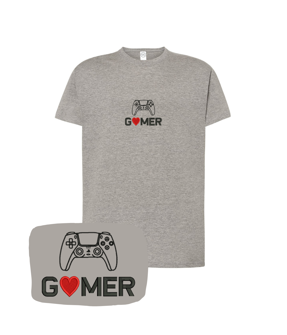 Dark gray gamer T-shirt with embroidered "Gamer" text and controller graphic, made by CustomClothes.pl.