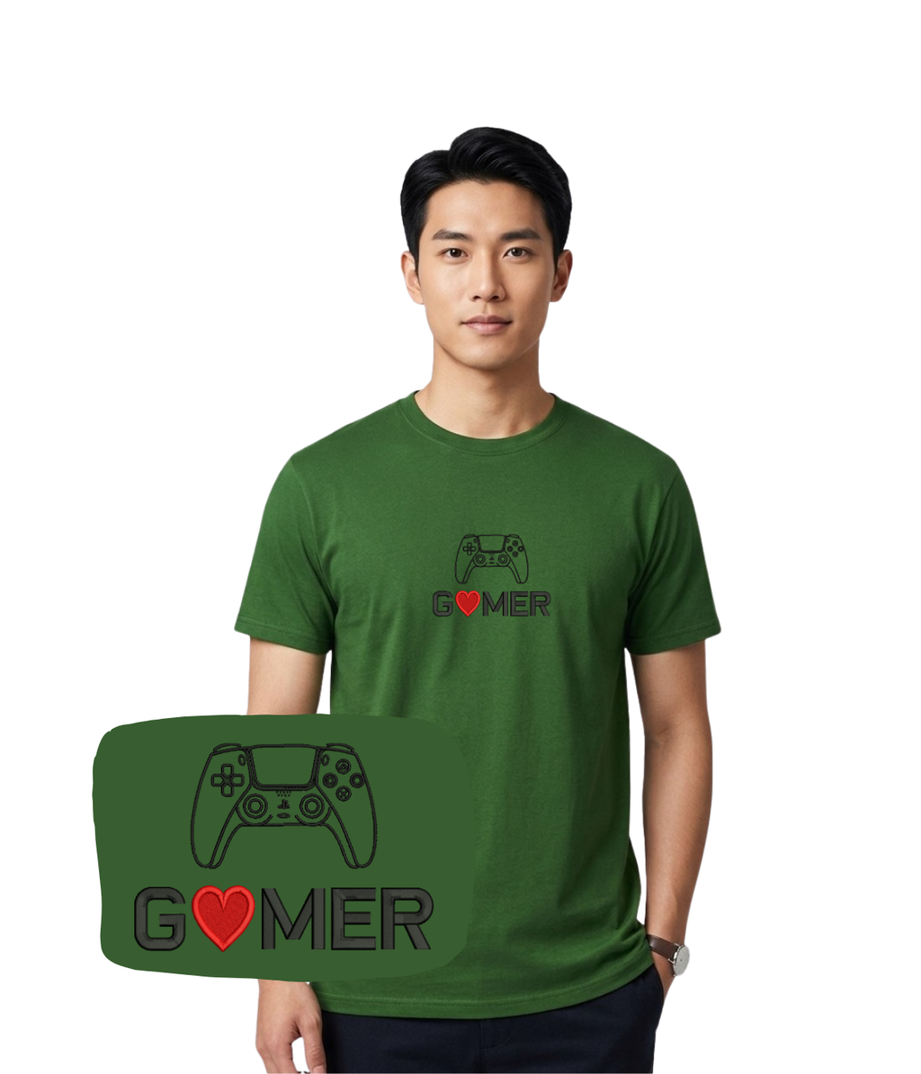 Dark green gamer T-shirt with embroidered "Gamer" text and controller design, made by CustomClothes.pl