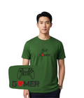 Dark green gamer T-shirt with embroidered "Gamer" text and controller design, made by CustomClothes.pl