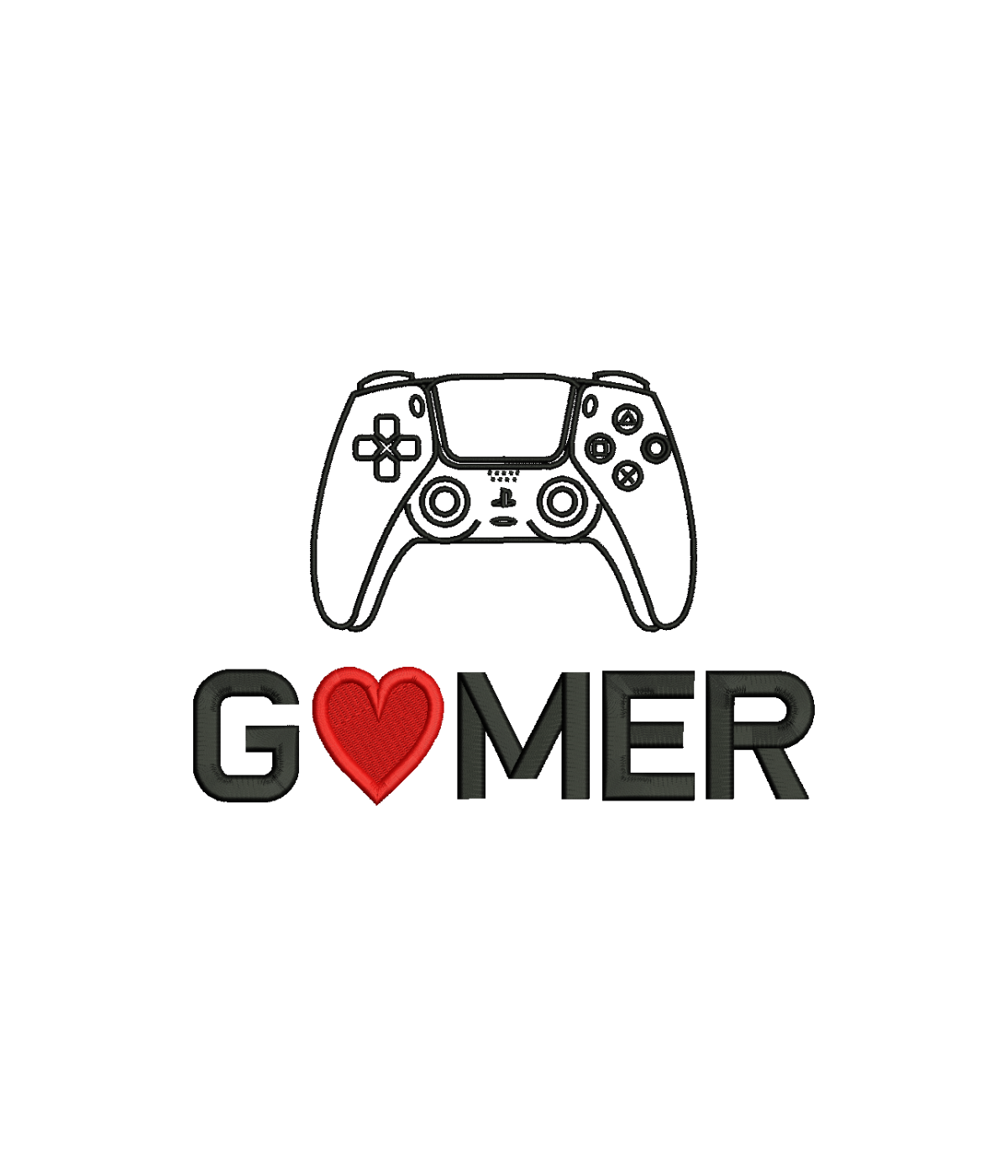 White CustomClothes.pl gamer t-shirt with embroidered "Gamer" text and controller graphic on front.