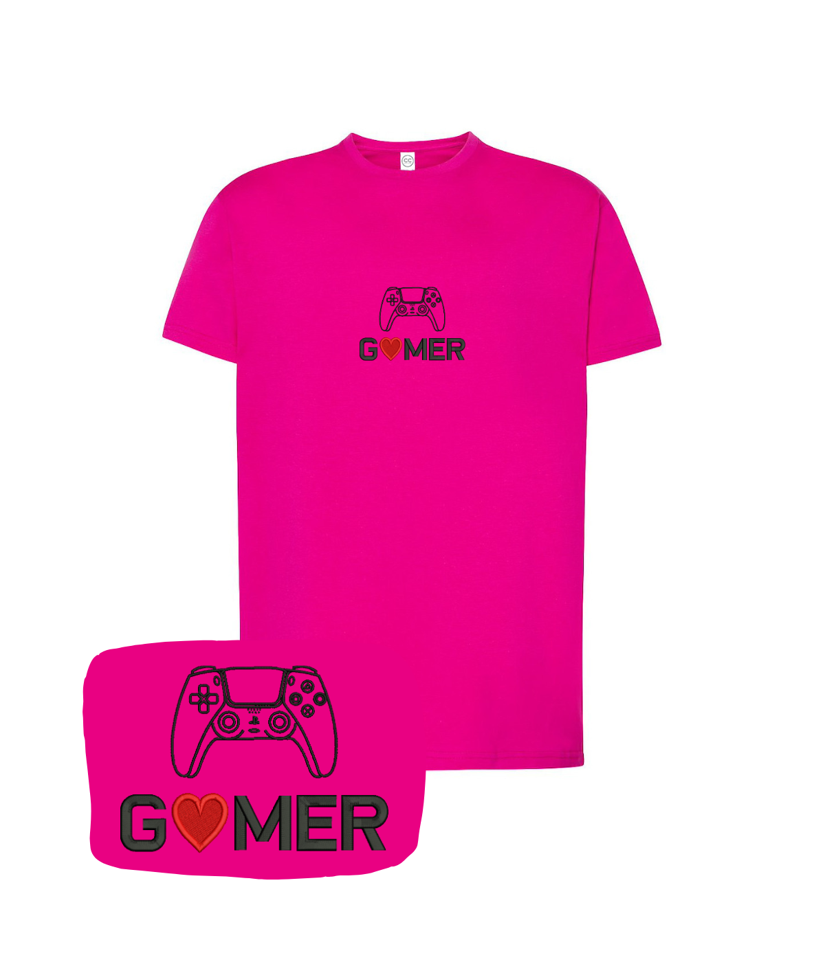 Pink T-shirt with embroidered "Gamer" text and controller design, by CustomClothes.pl, displayed flat.