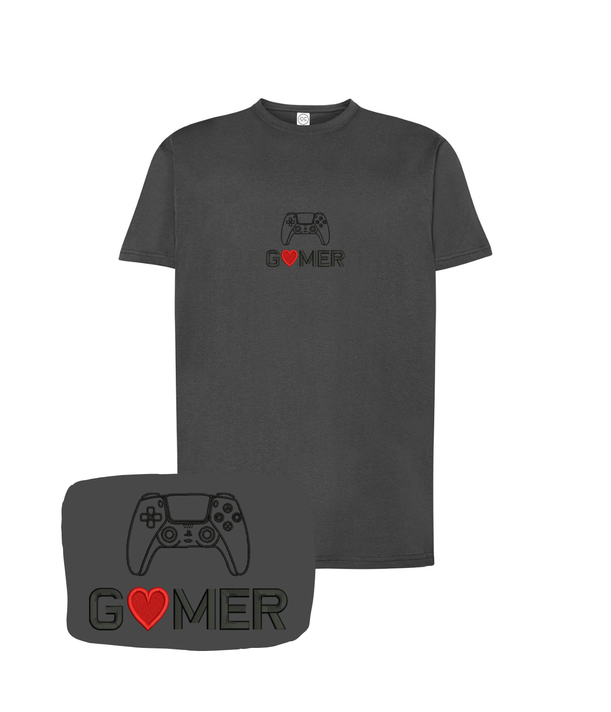 Grafitowa koszulka z haftem "Gamer" i kontrolerem, od CustomClothes.pl, z nadrukiem na piersi.