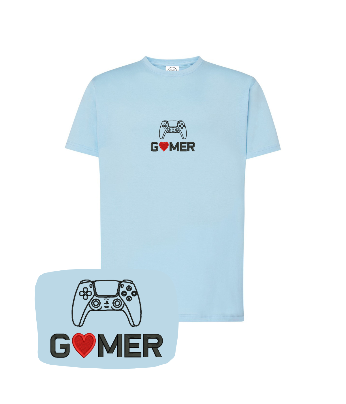 Light blue "Gamer" embroidery t-shirt with controller design, by CustomClothes.pl, casual fit for gaming enthusiasts.