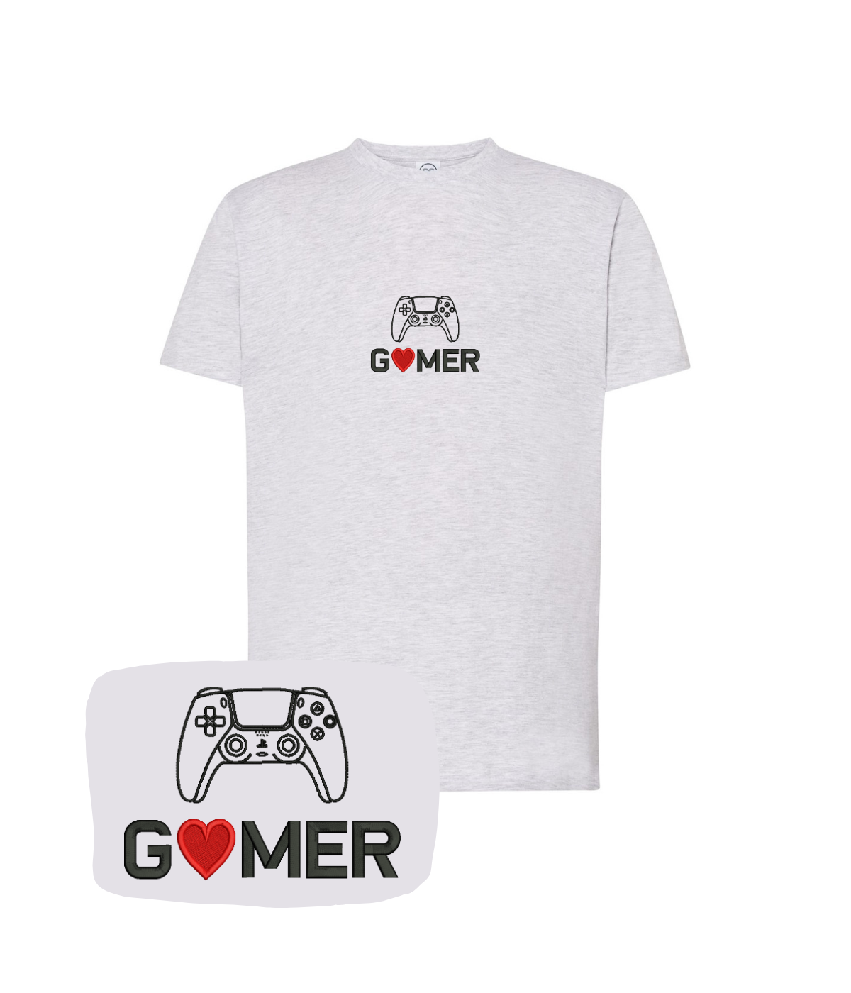 Light gray Gamer T-shirt with embroidered controller design by CustomClothes.pl, featuring a stylish and casual fit.