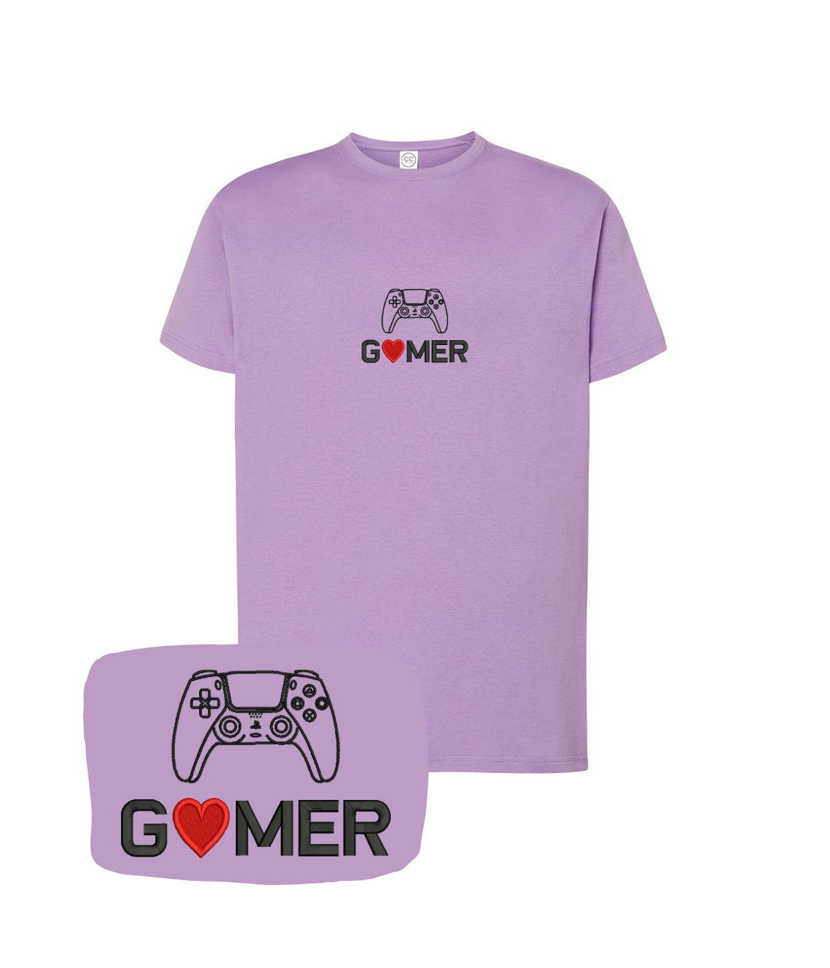 Lavender T-shirt with embroidered "Gamer" text and controller design by CustomClothes.pl, showing front view with detailed stitching.