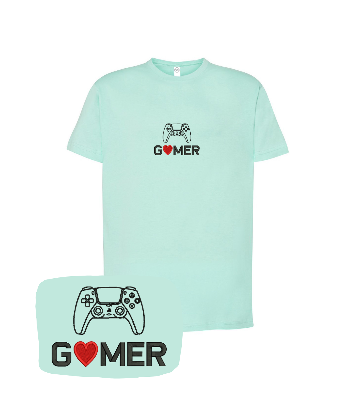 Green "Gamer" embroidered t-shirt with game controller design by CustomClothes.pl, casual style for gaming enthusiasts.