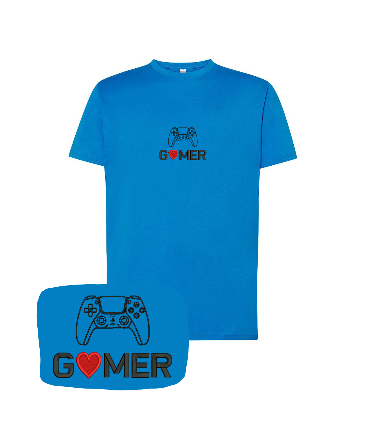 Blue Gamer T-shirt with embroidered controller design from CustomClothes.pl, featuring a casual fit and detailed stitchwork.
