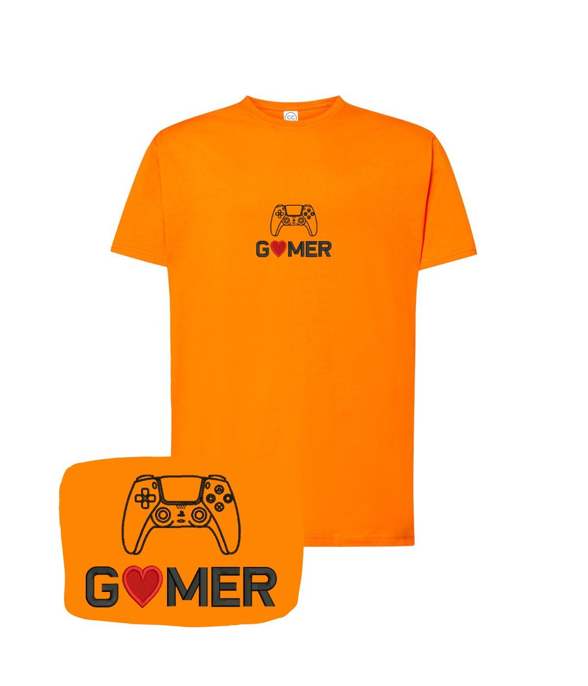 Orange "Gamer" embroidered t-shirt with controller design by CustomClothes.pl, casual men's apparel for gaming enthusiasts.