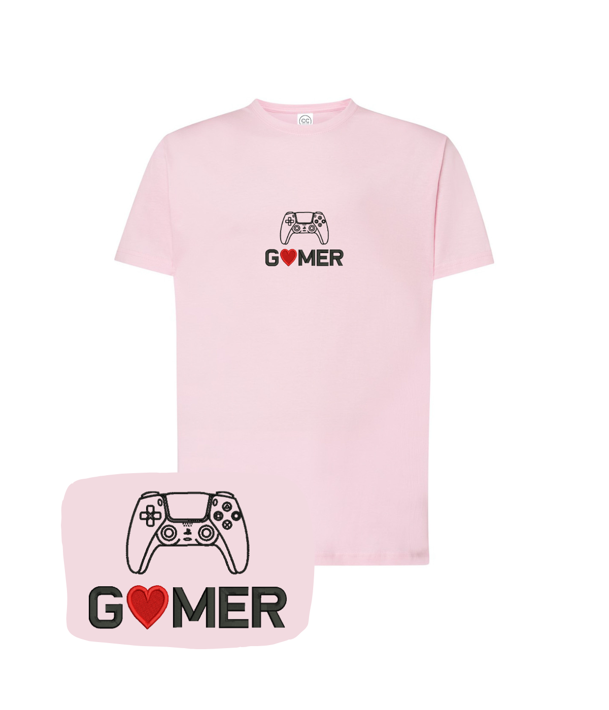 Pink T-shirt with "Gamer" embroidery and controller design by CustomClothes.pl, casual wear for gaming enthusiasts.