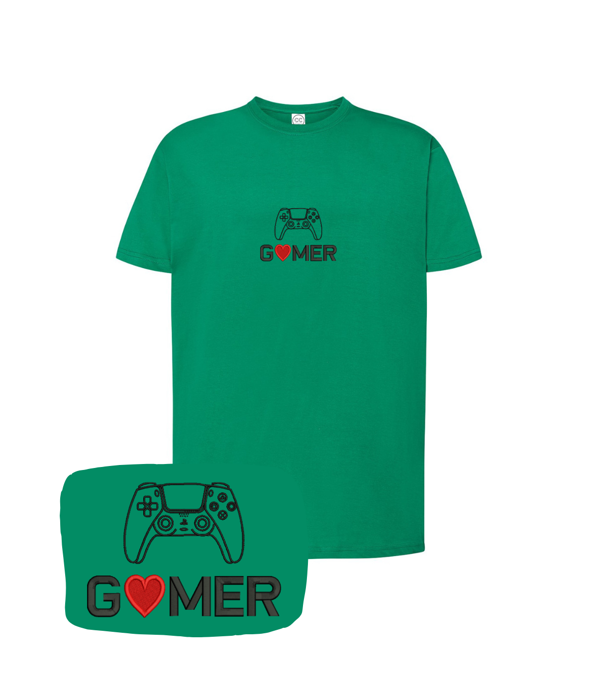 Green T-shirt with embroidered "Gamer" text and controller design, by CustomClothes.pl.