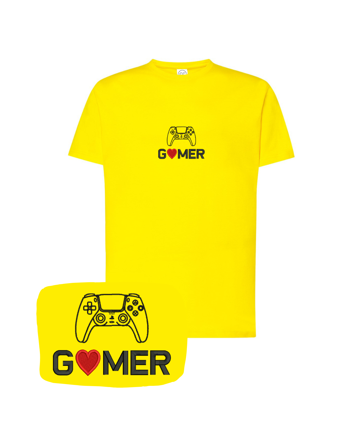 Yellow gamer t-shirt with embroidered controller design by CustomClothes.pl, featuring a comfortable fit and stylish gaming motif.