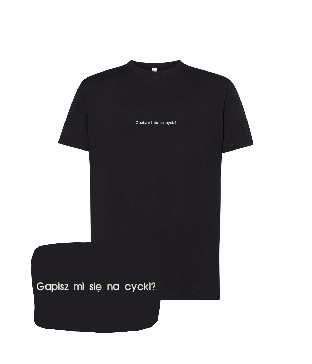 Black T-shirt with embroidered text "Gapisz mi się na cycki?" from CustomClothes.pl, shown with front view and detailed embroidery.