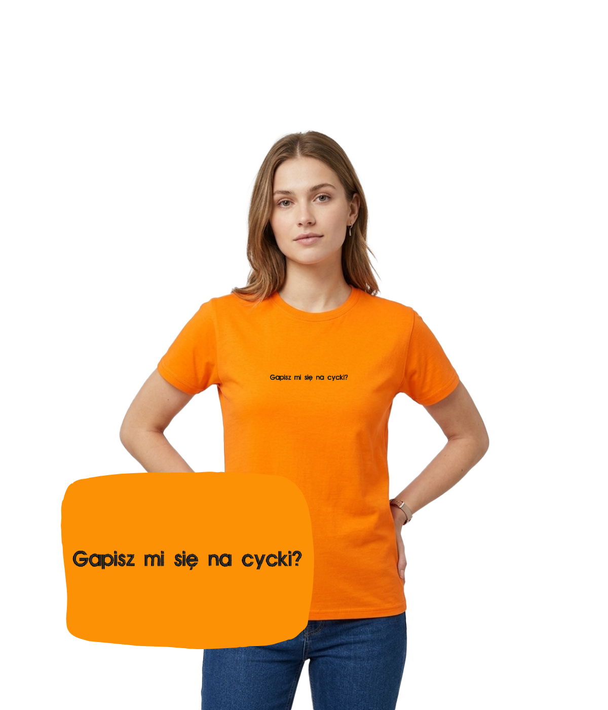 Orange T-shirt with embroidered text "Gapisz mi się na cycki?" from CustomClothes.pl, showing the front design and fabric details.