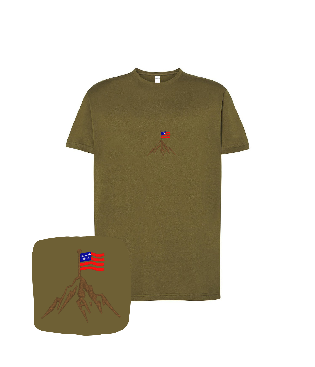 Koszulka khaki z haftem szczytu górskiego z flagą - prezent górski z haftem komputerowym