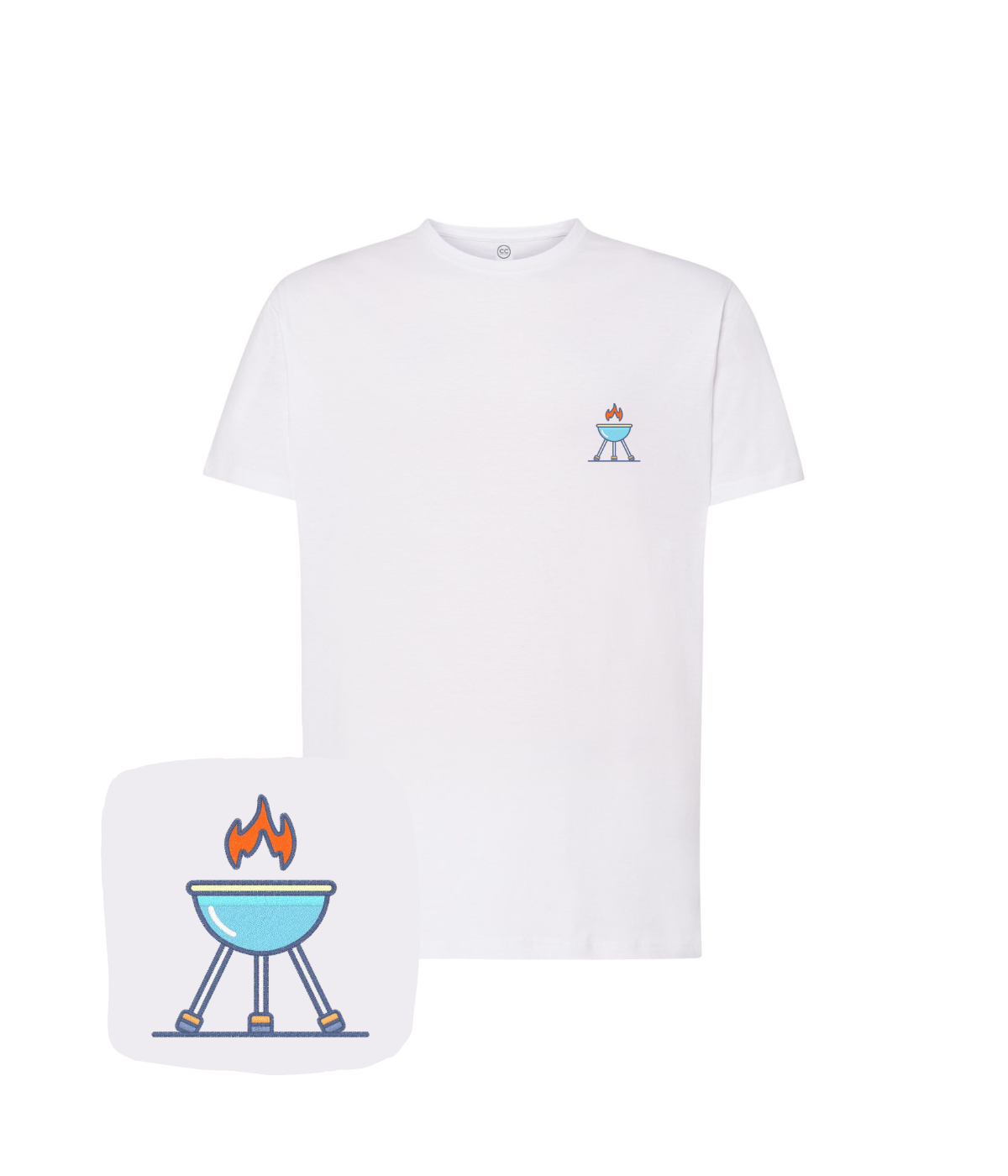 Biała koszulka z haftem grilla - idealny prezent dla kucharza do grilla, haft komputerowy.
