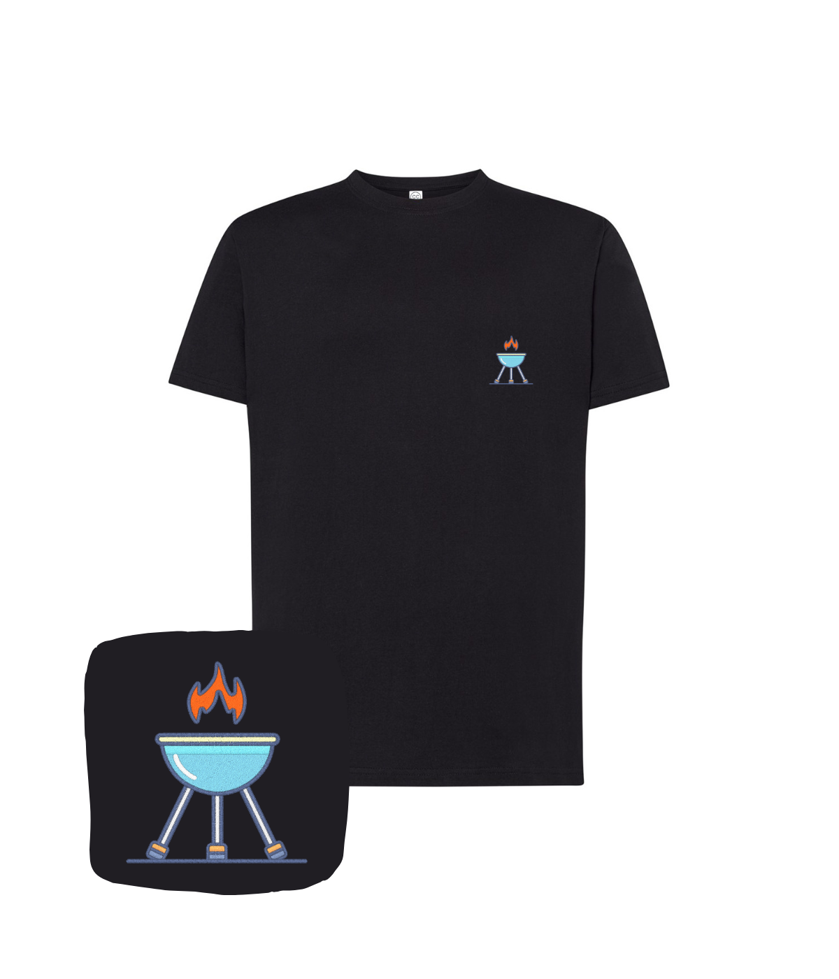 Czarna koszulka z haftem grilla - świetny prezent dla fana BBQ, komputerowy haft, elegancki wzór.