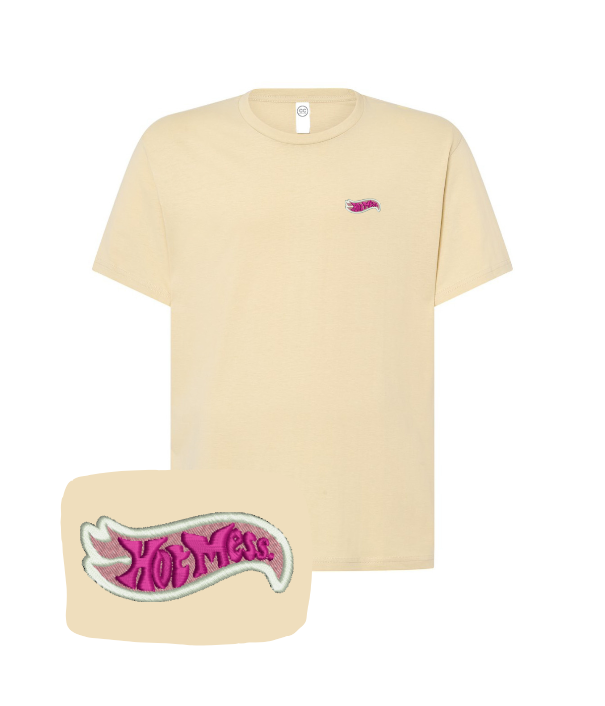 Pink "Hot Mess" embroidered T-shirt by CustomClothes.pl, featuring casual fit and detailed embroidery on the front.